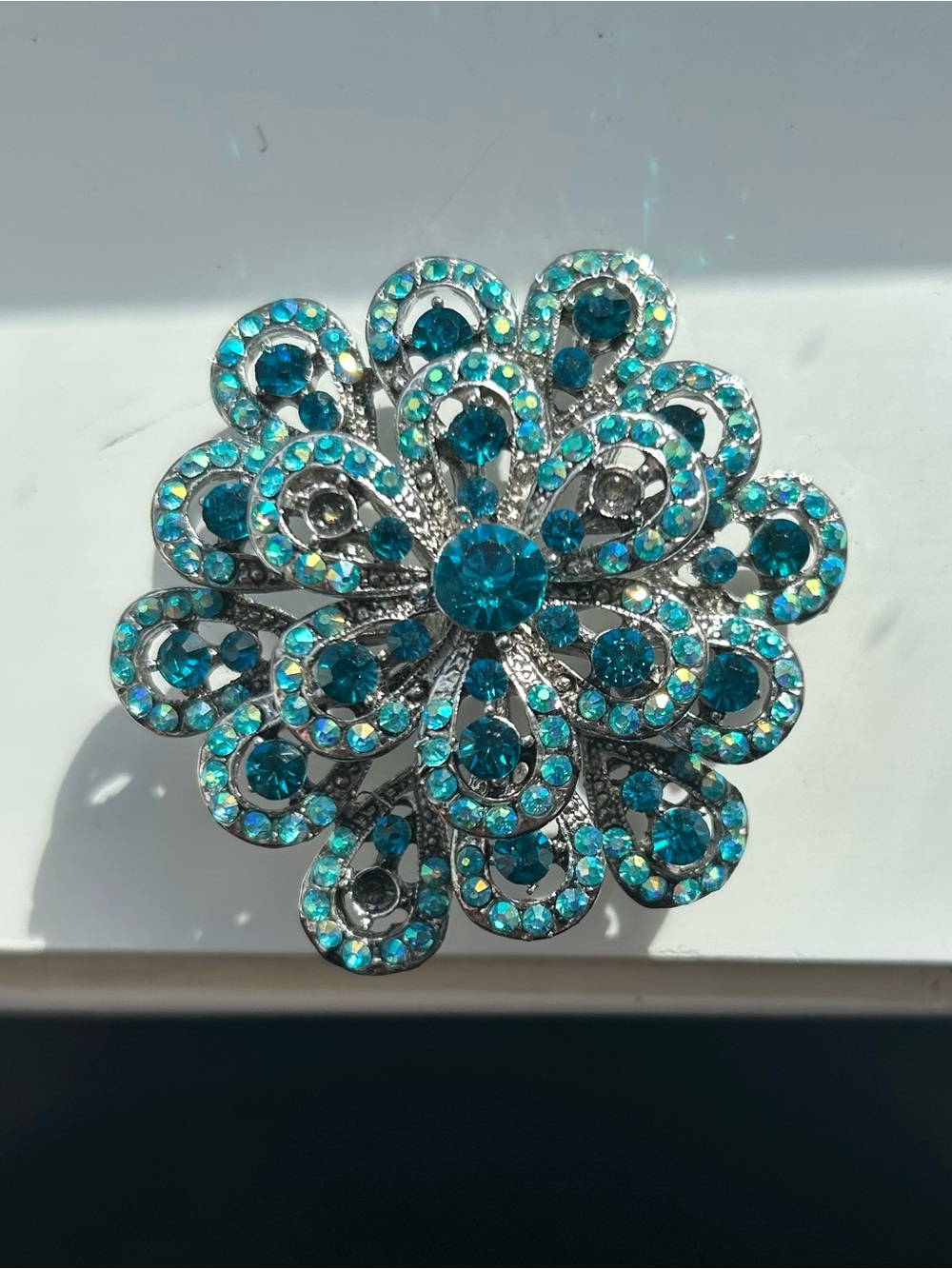 Turquoise Crystal Floral Brooch - Unbranded